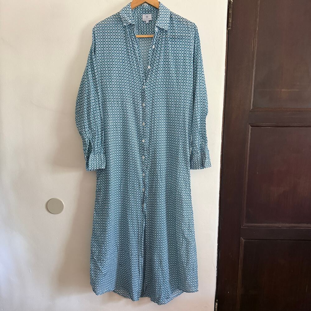 PAX PHILOMENA | Teal Blue and White Cartouche Print Maxi Shirt Dress | Large